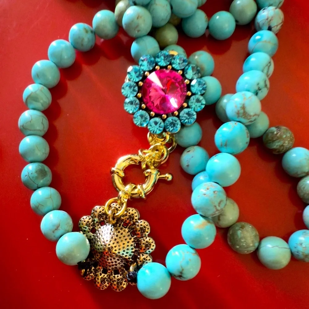 Elephant Teal Turquoise Stone and Jewel Statement Necklace 12”